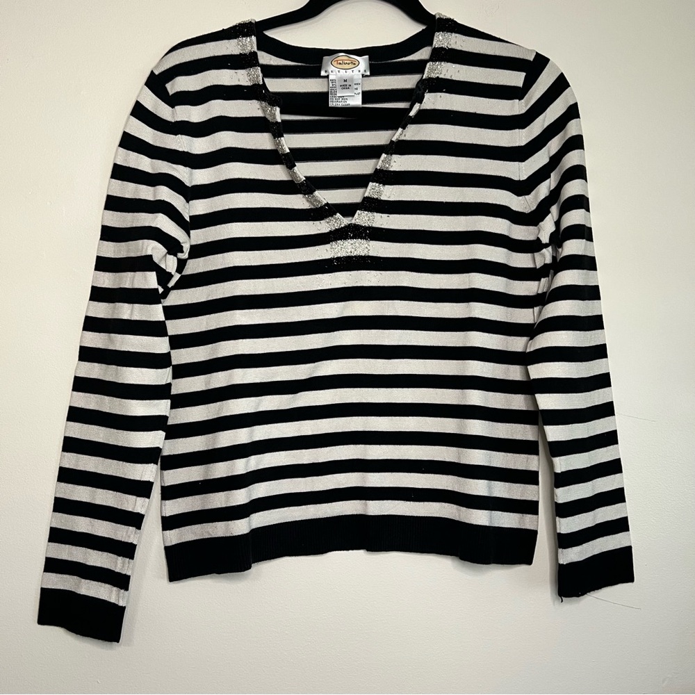 Talbots‎ Petites Black White Striped Silk Blend Sweater Beaded Trim M